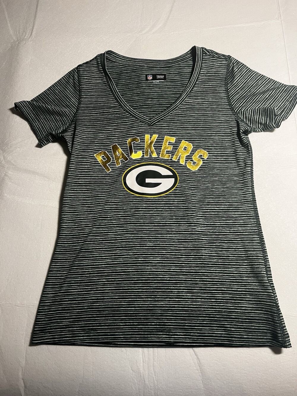 Green Bay Packers Womens Shirt S NFL Team Apparel Green Striped V Neck Tee